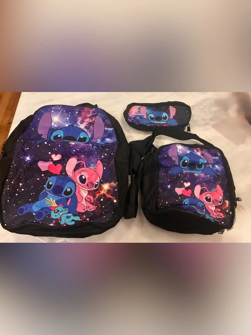 Stitch and Angel Kids Backpack Set - Purple/Pink Galaxy. Lunch box pencil case